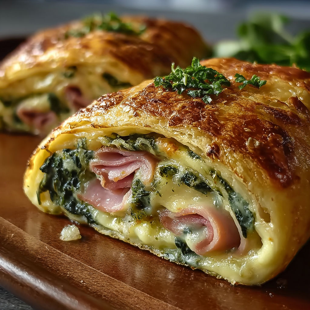A breakfast roll with spinach and ham.