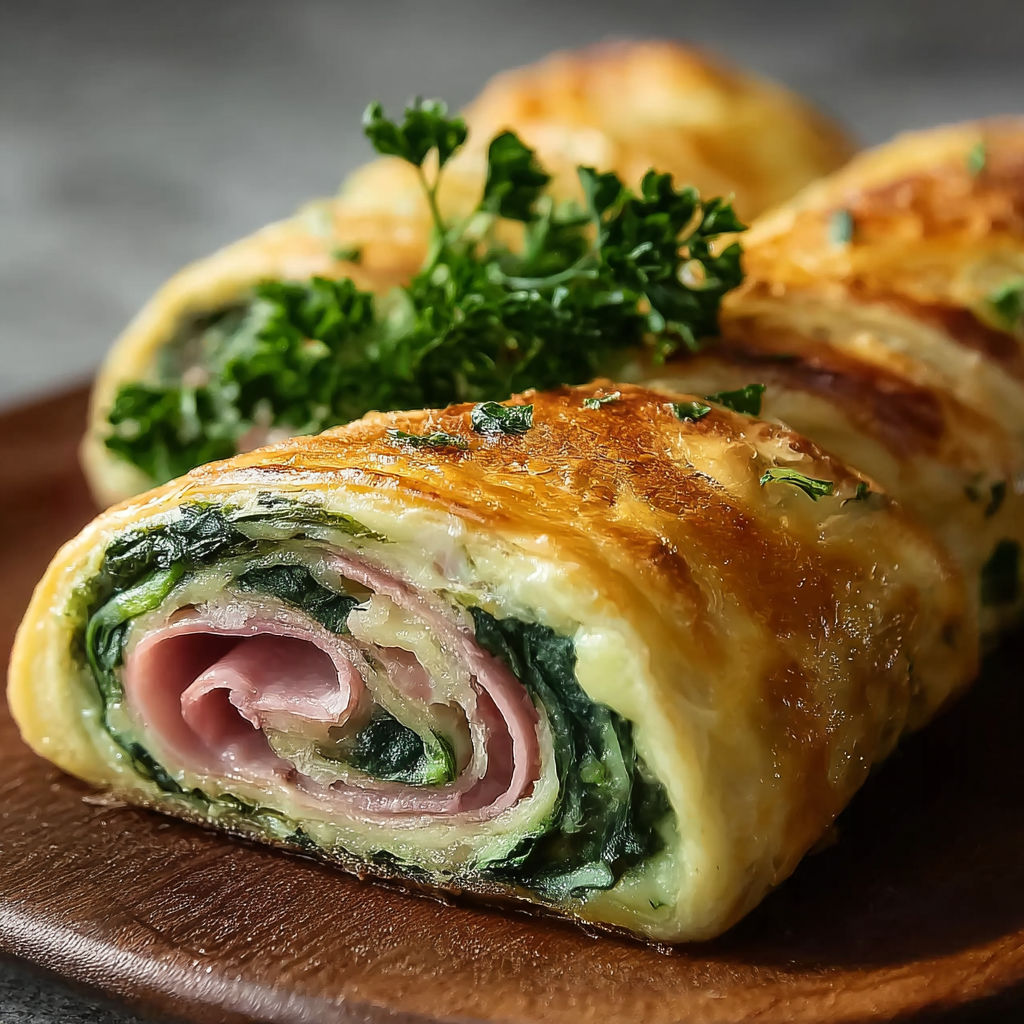 A breakfast roll with spinach and ham.