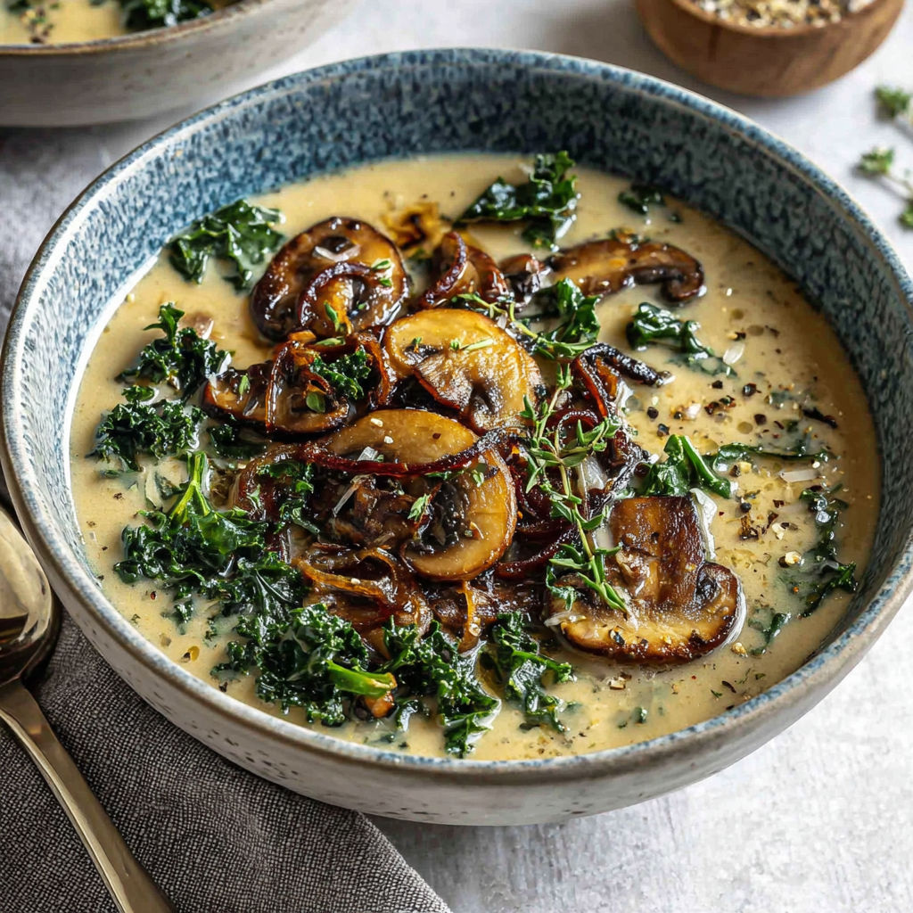 A bowl of soup with mushrooms and onions.