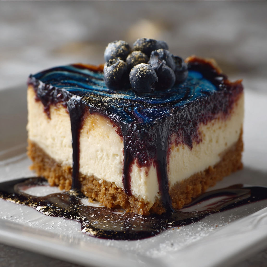 A slice of Ravenclaw Midnight Blueberry Cheesecake.