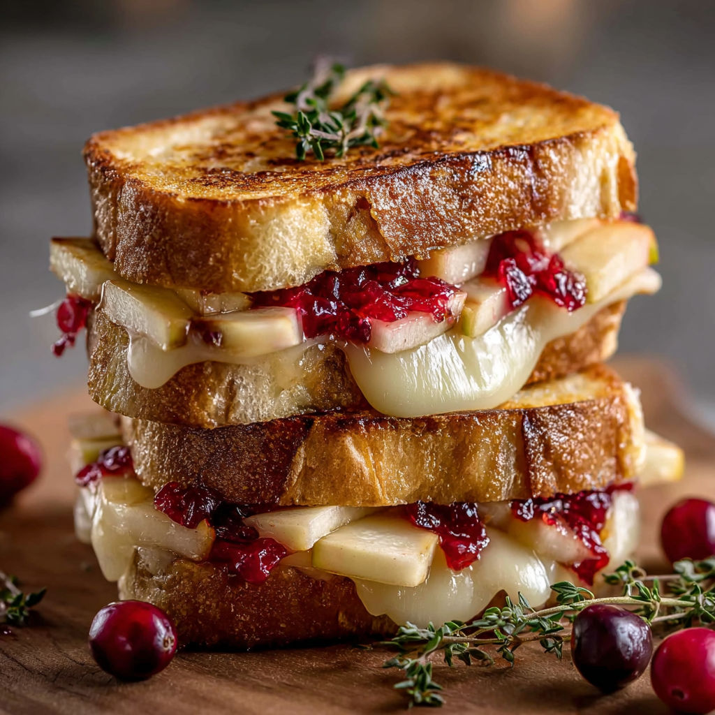 A stack of grilled cheese sandwiches with cranberry and apple toppings.