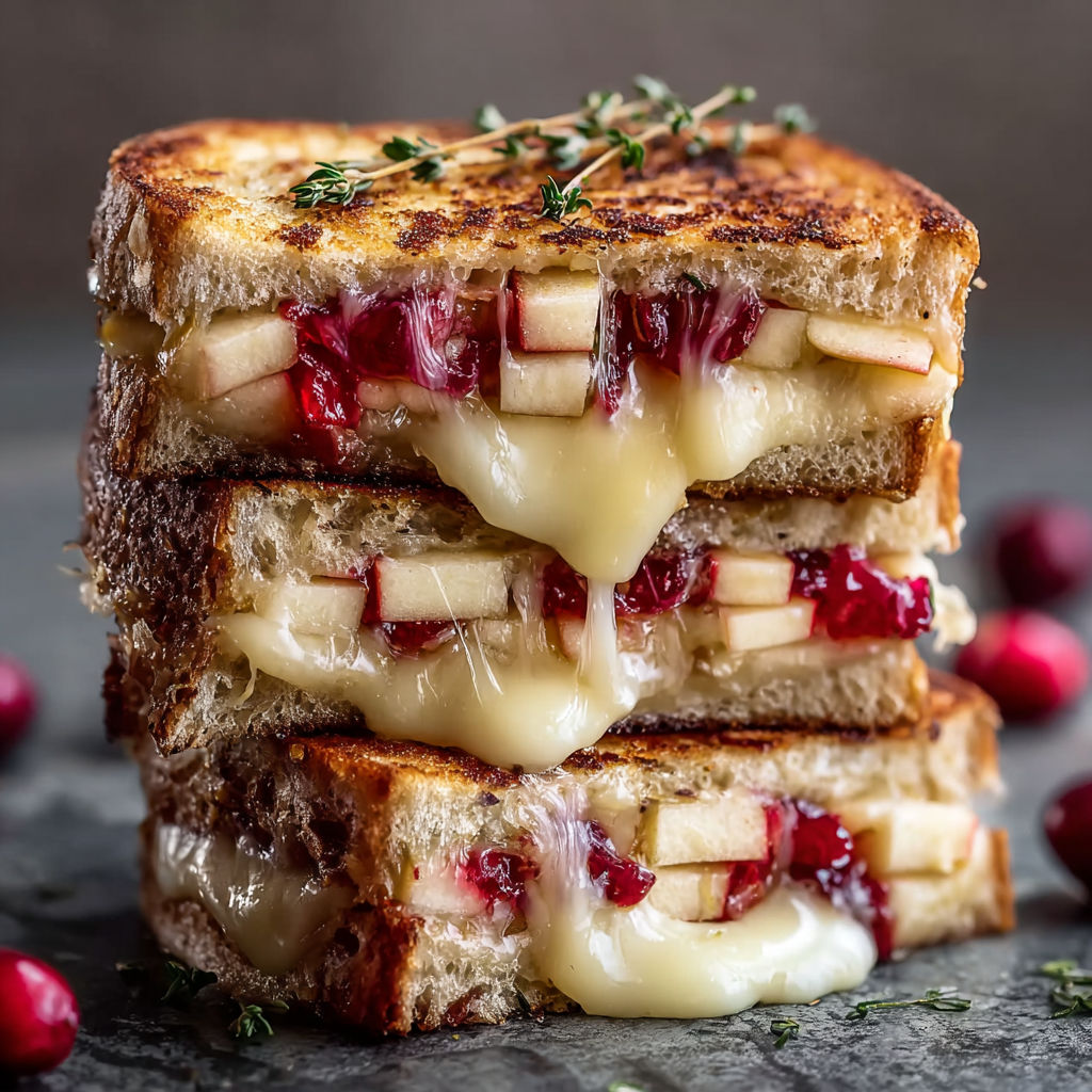 A stack of grilled cheese sandwiches with apples and cranberries.