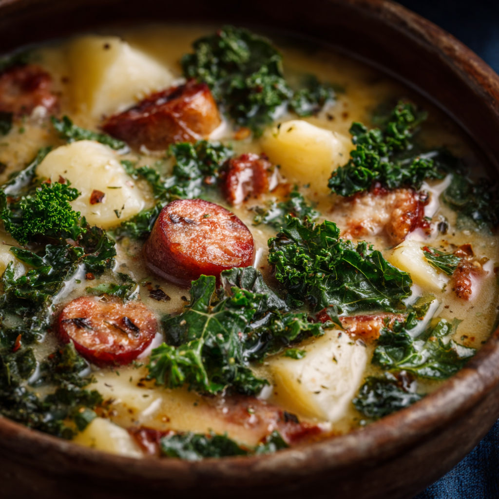 A bowl of soup with sausage, potatoes, and kale.