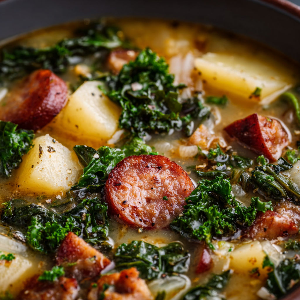 A bowl of soup with sausage, potatoes, and kale.