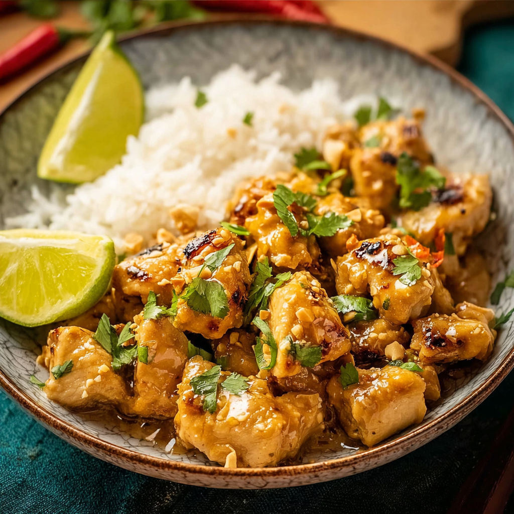 A bowl of Thai Peanut Chicken.