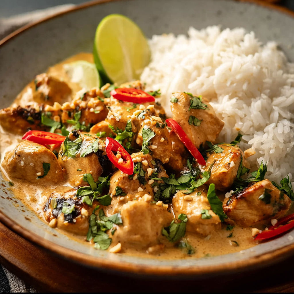 A bowl of Thai Peanut Chicken with rice.
