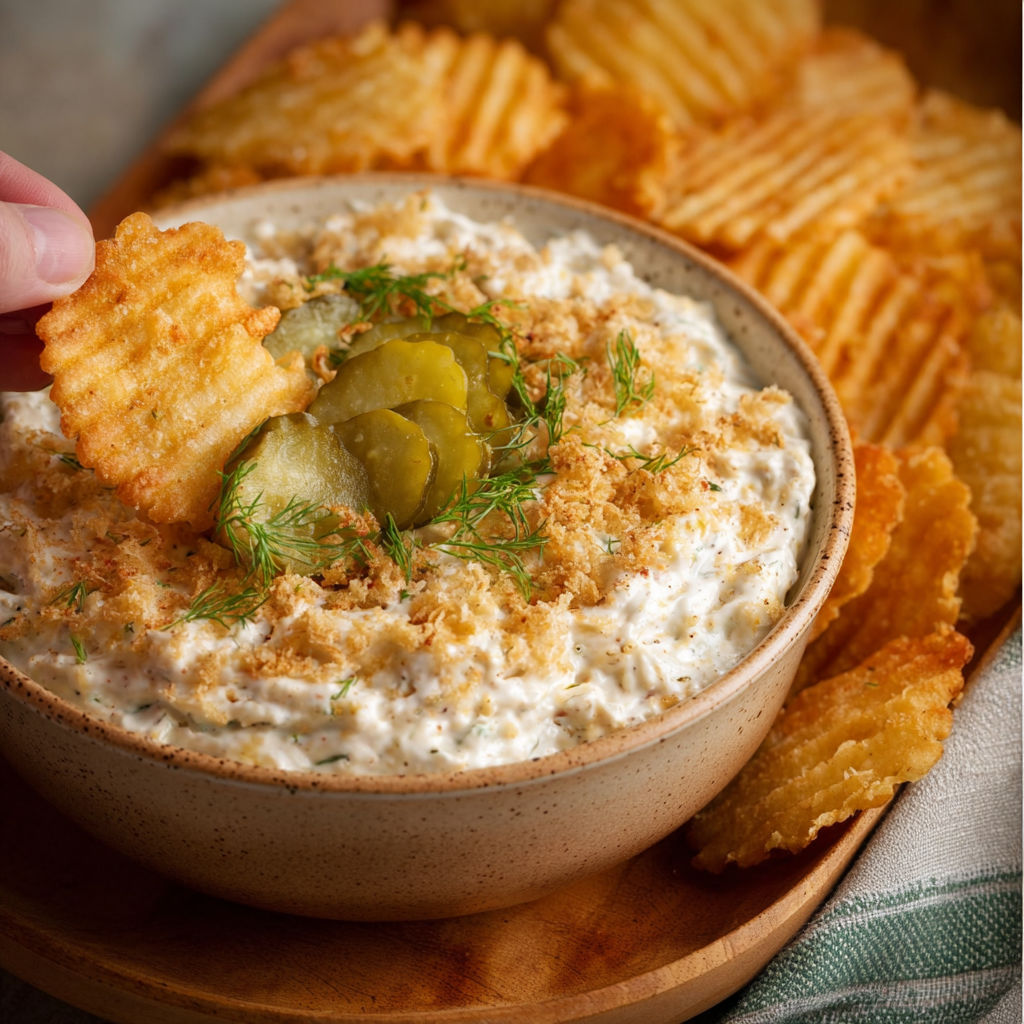 A person is eating a fried pickle dip.