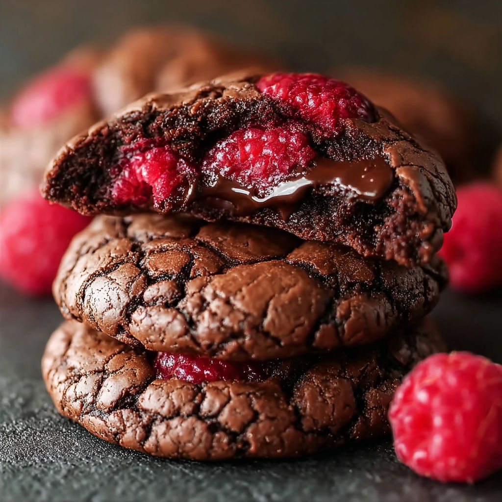A stack of chocolate cookies with raspberry toppings.