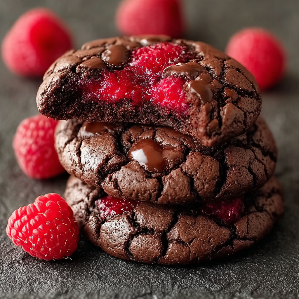 A stack of chocolate cookies with raspberry toppings.