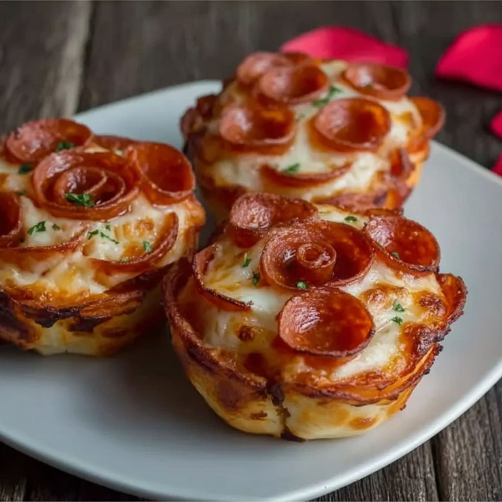 Two mini pizzas with pepperoni and cheese on a plate.
