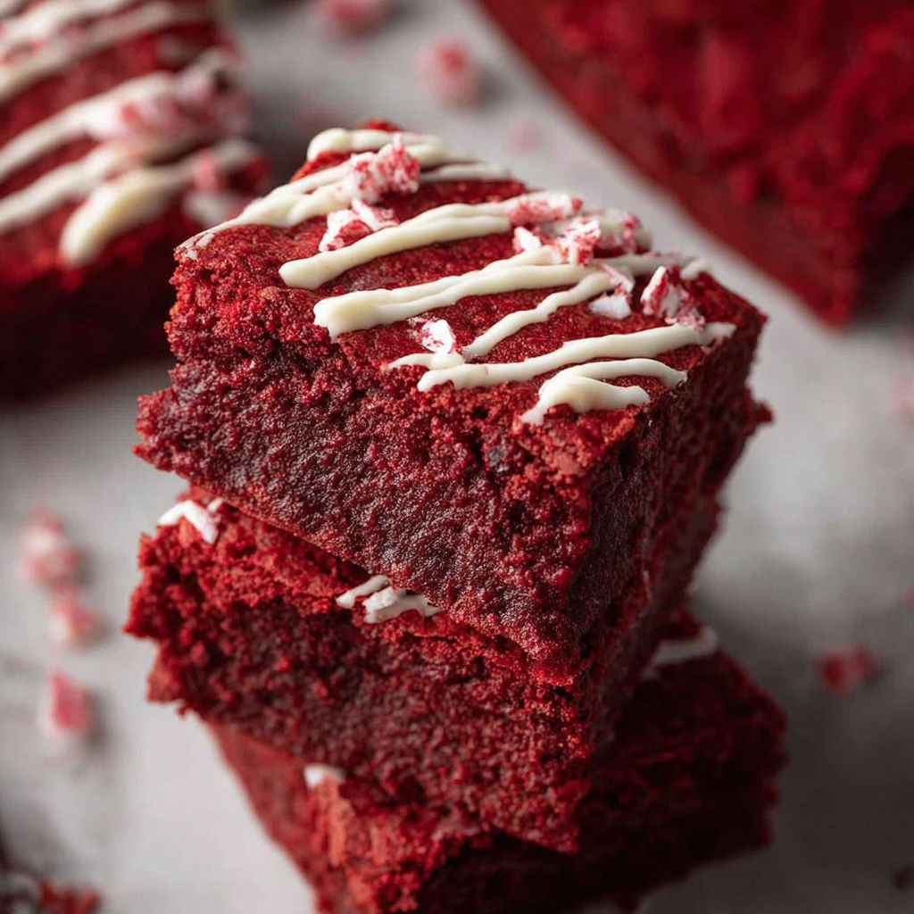Red velvet brownies with white icing.