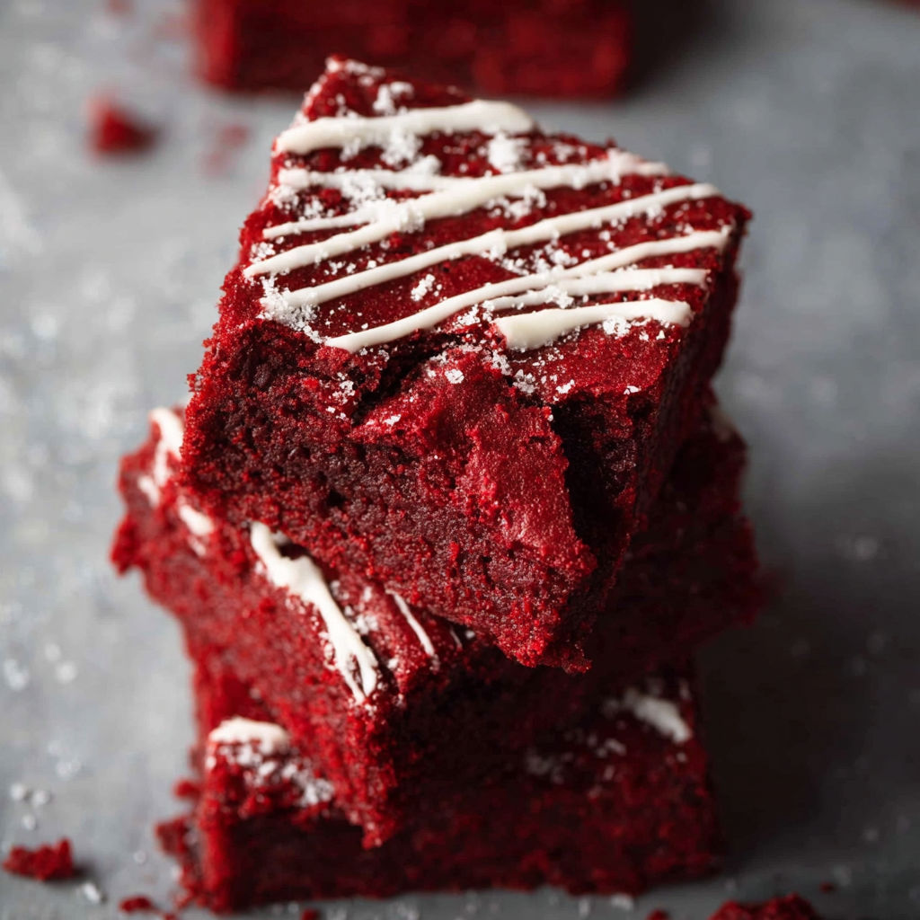 Red velvet brownies with white icing.