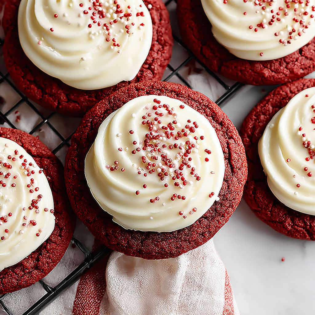 Red velvet cookies with cream cheese frosting.