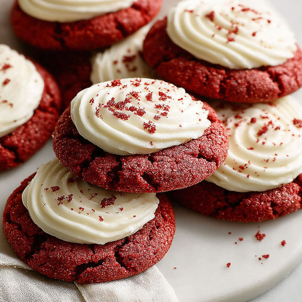Red velvet cookies with cream cheese frosting.