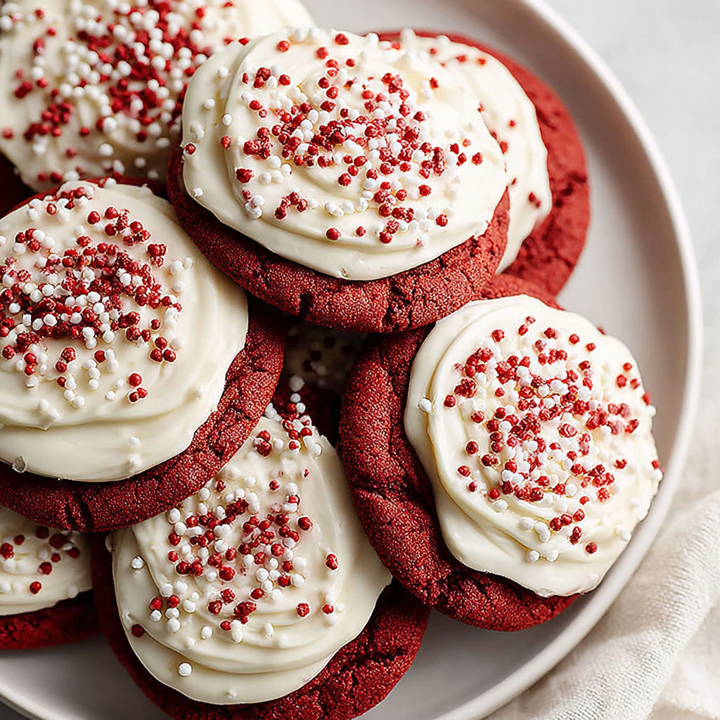 A plate of red velvet cookies with white frosting.