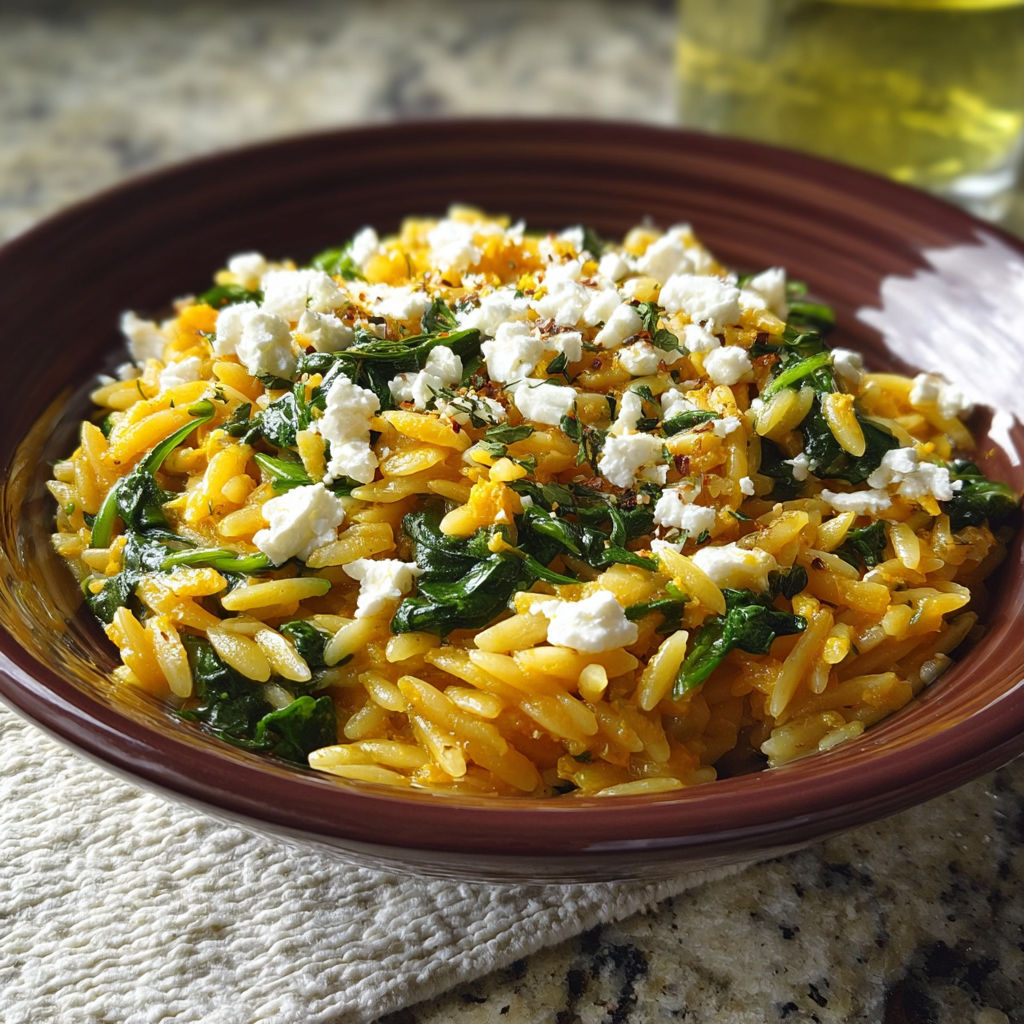 A bowl of pasta with spinach and feta cheese.