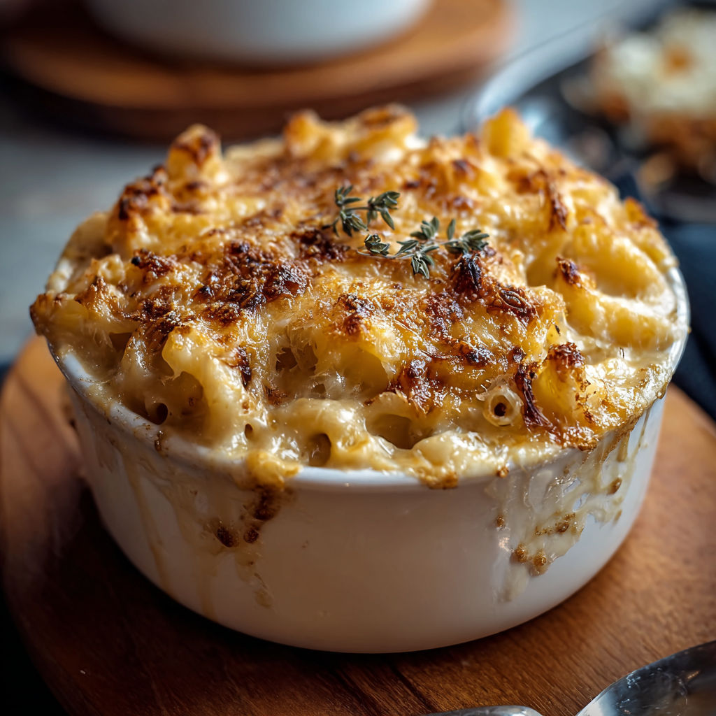 A bowl of mac and cheese with a sprig of parsley on top.