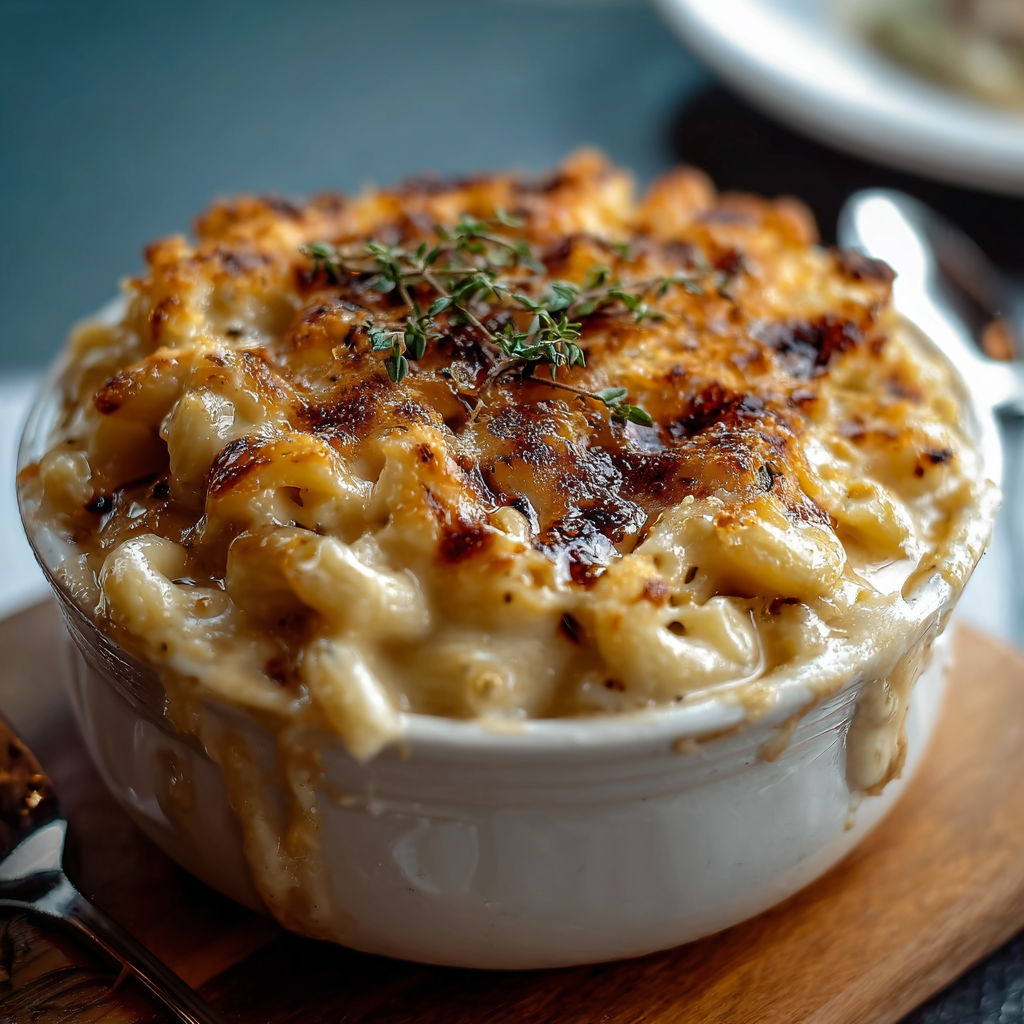 A bowl of mac and cheese with a sprig of parsley on top.