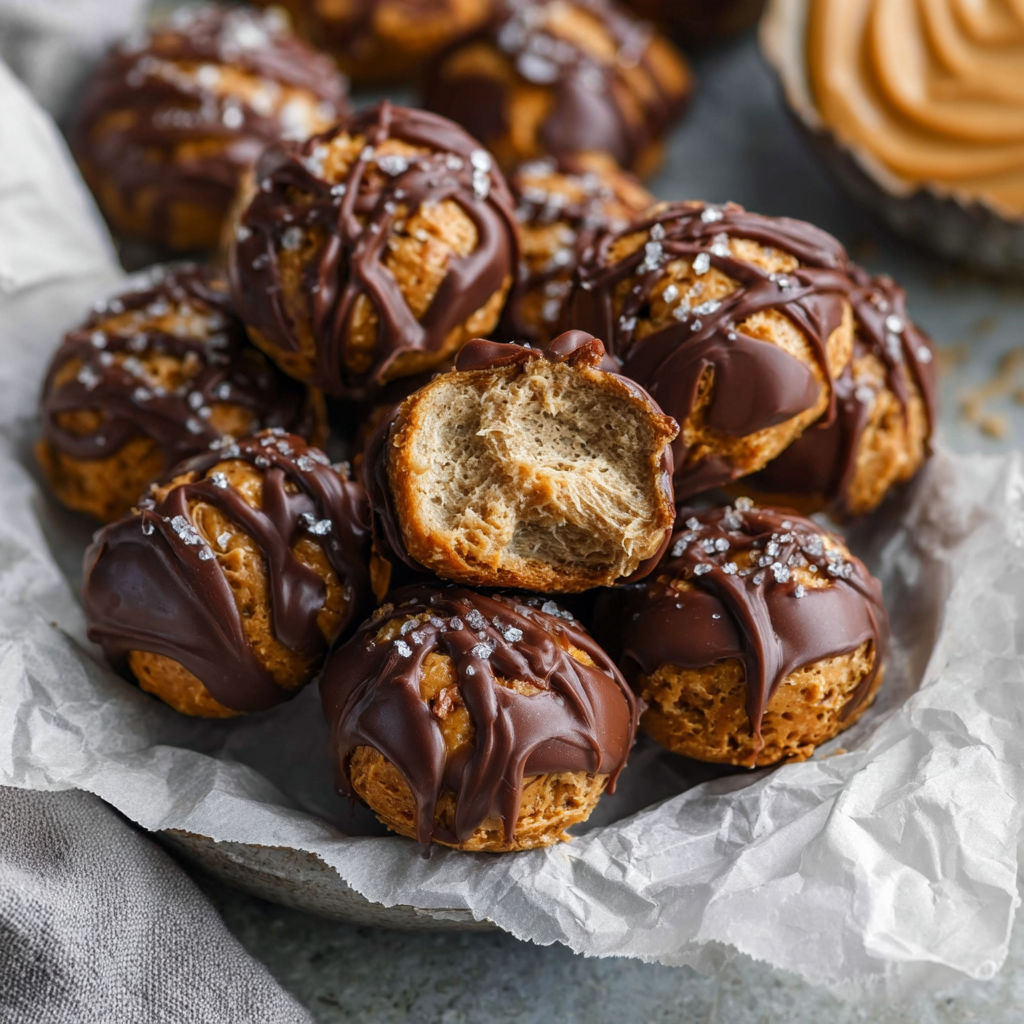 A plate of chocolate covered peanut butter stuffed pretzel bites.