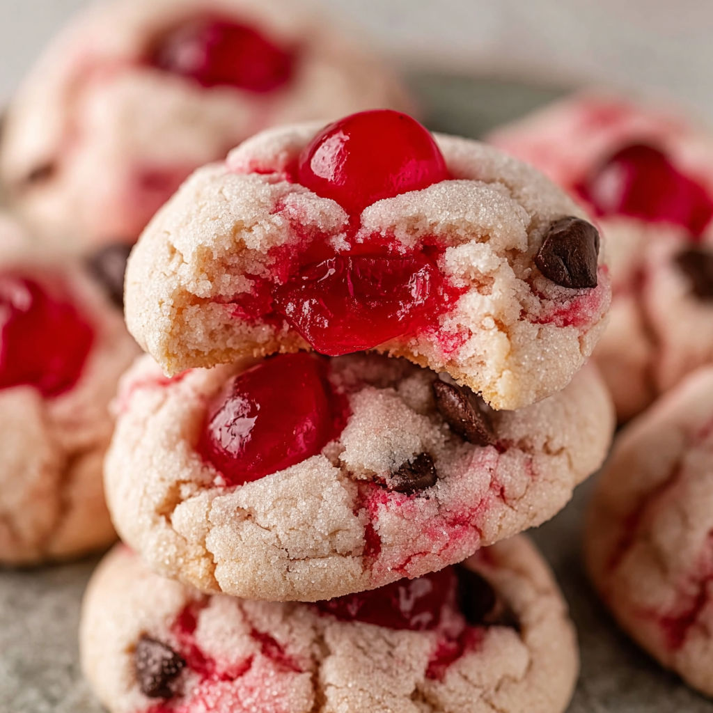 A stack of cookies with red jelly and chocolate chips.