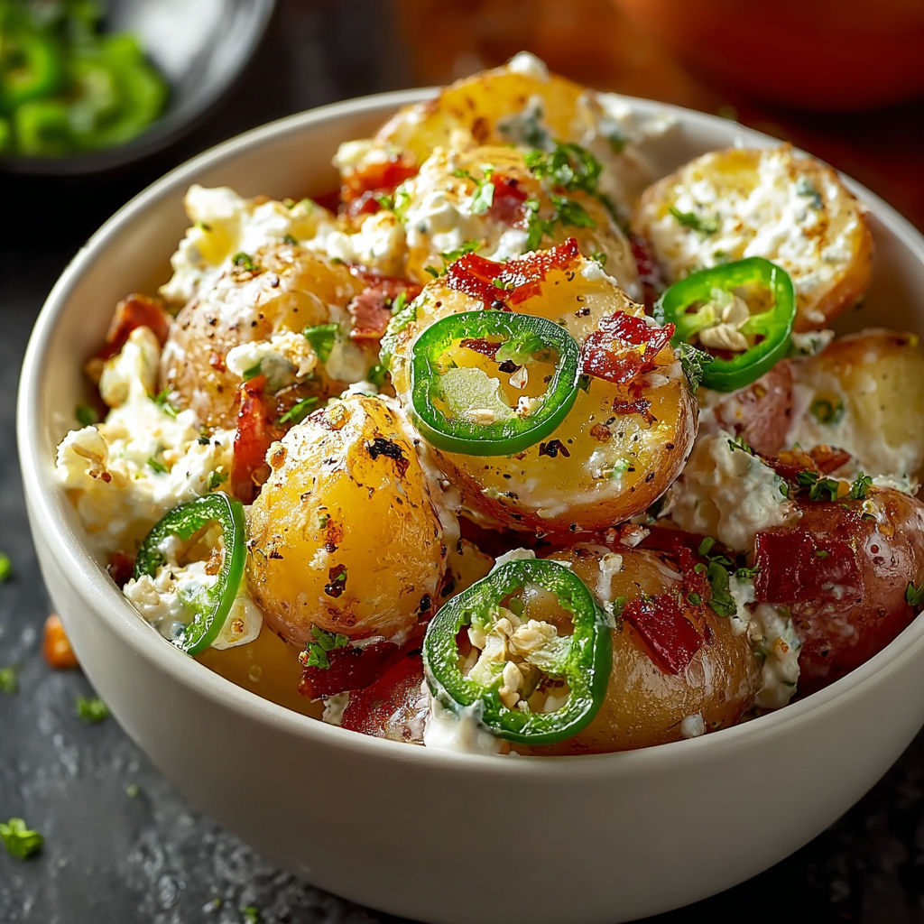 A bowl of jalapeno popper roasted potato salad.