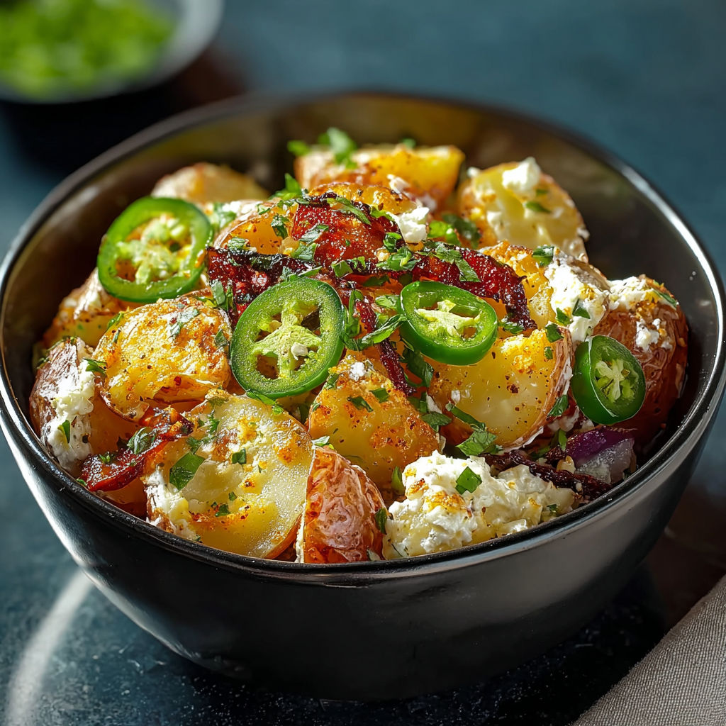 A bowl of jalapeno popper roasted potato salad.