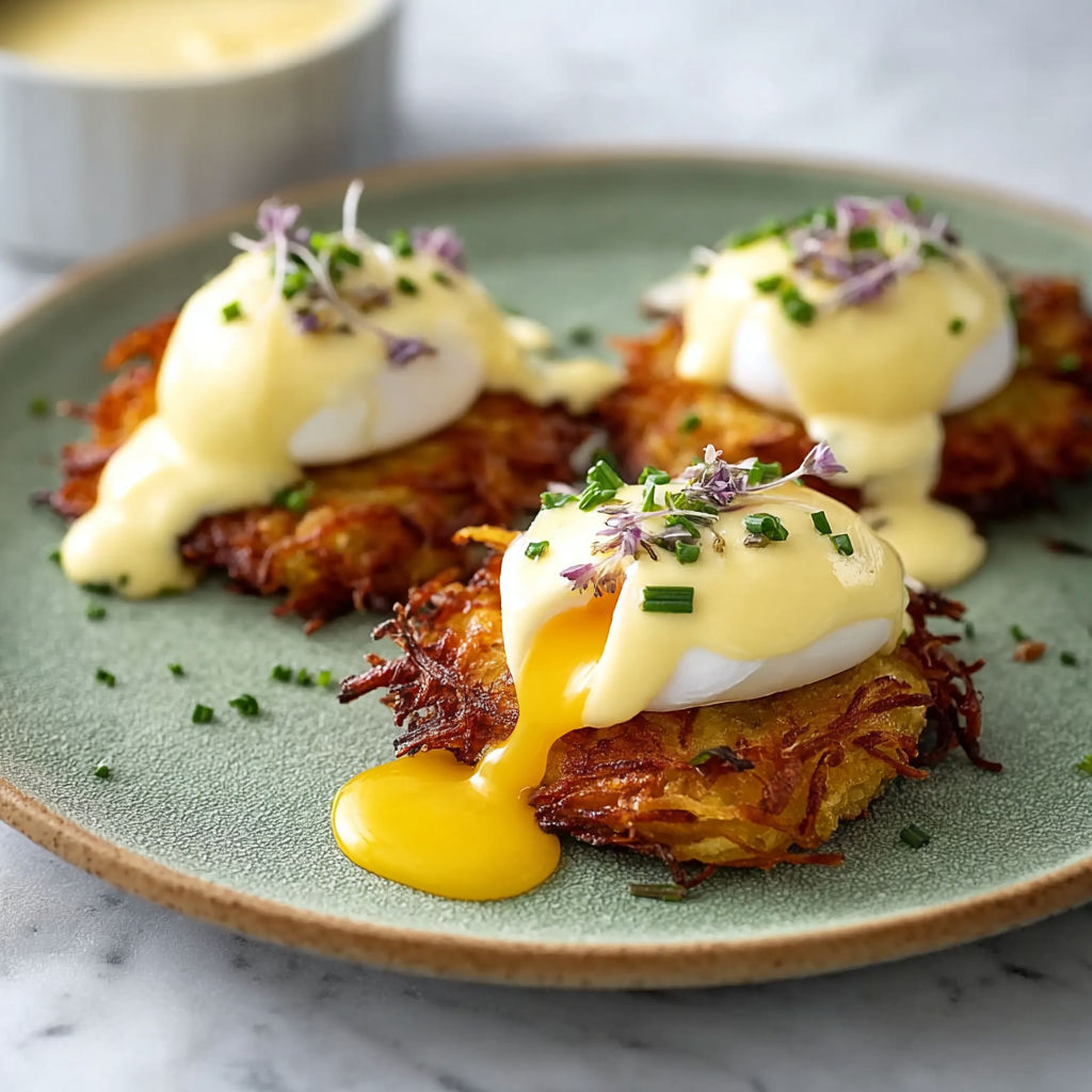 A plate of eggs benedict with latkes.