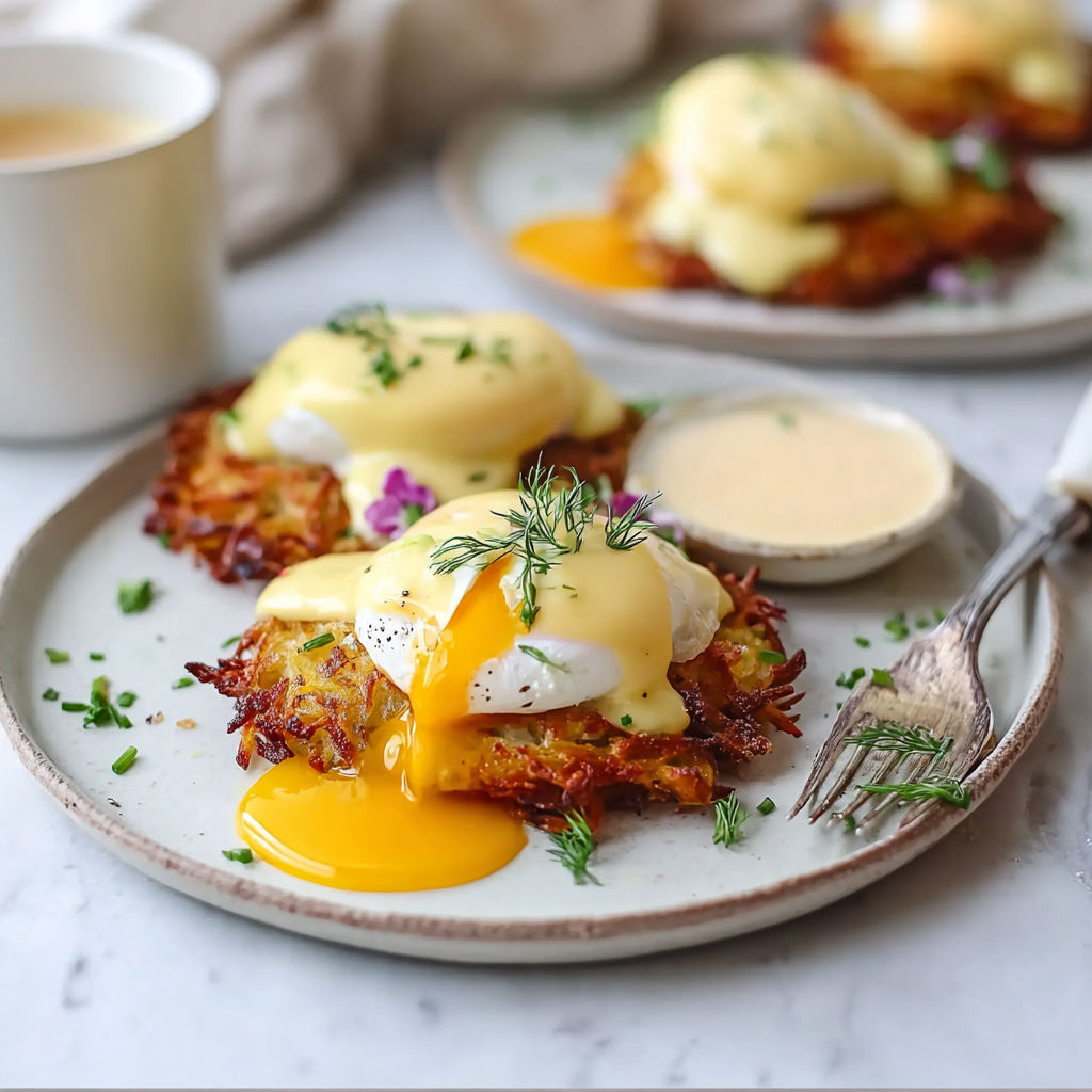 Two plates of eggs benedict with latkes.