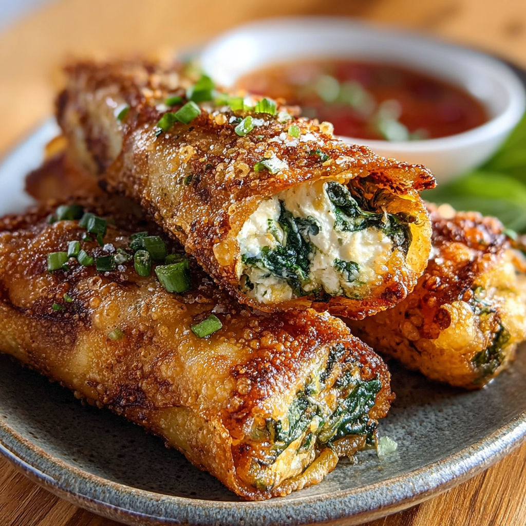 A plate of crunchy spinach feta air fryer egg rolls.