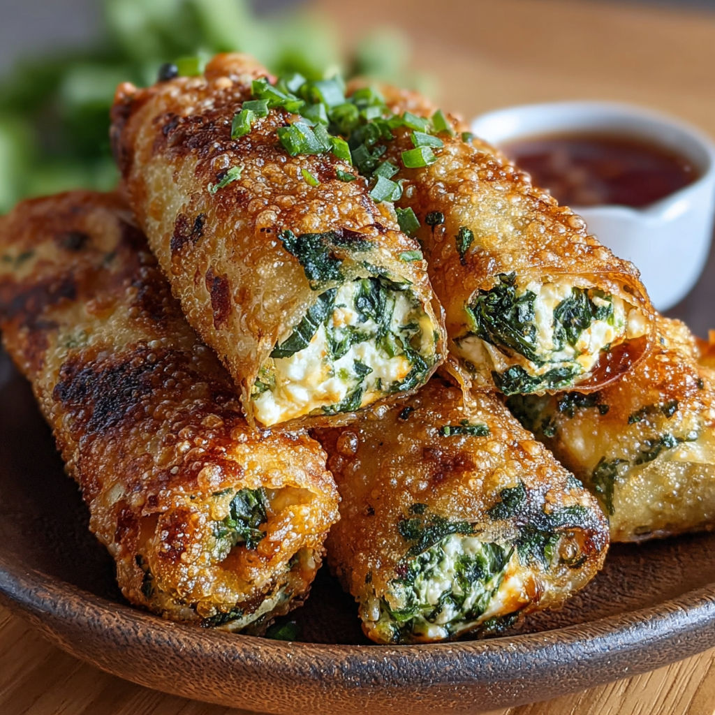 A plate of crunchy spinach feta air fryer egg rolls.