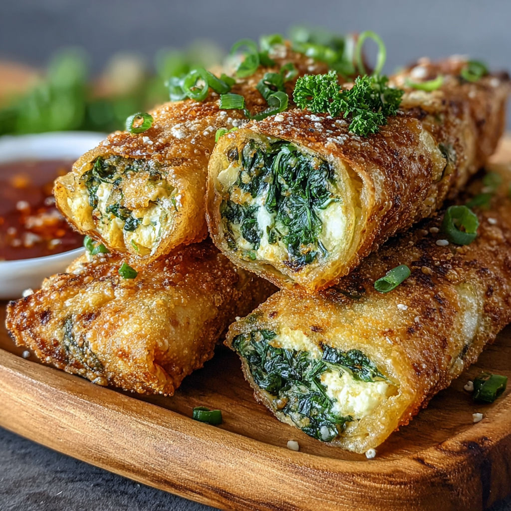 A plate of crunchy spinach feta air fryer egg rolls.
