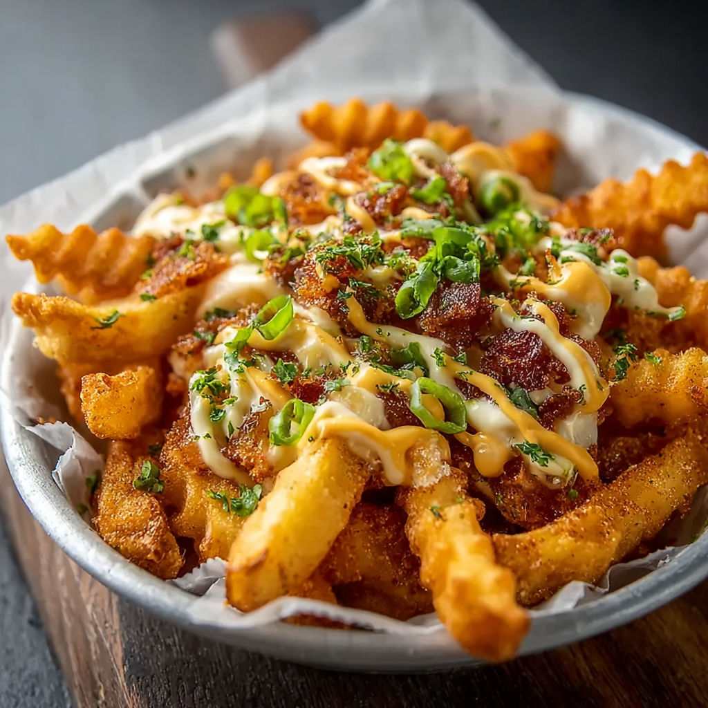 A bowl of fries with cheese and bacon.