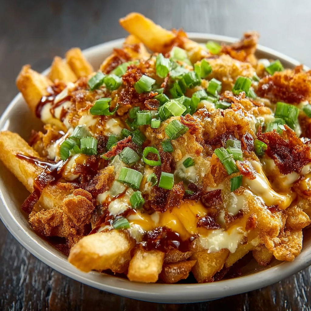A bowl of fries with cheese and bacon.