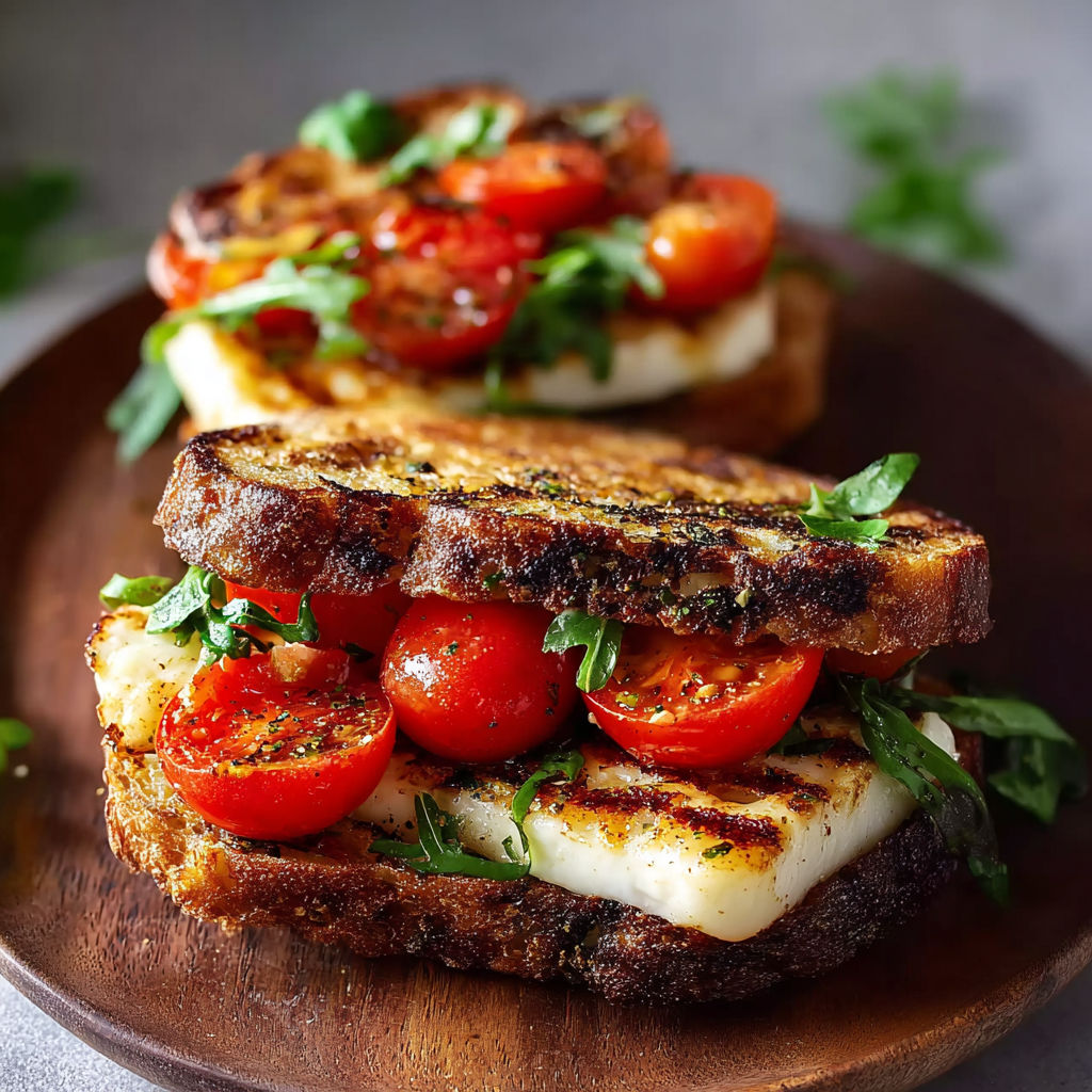 Two grilled halloumi sandwiches with tomatoes on a wooden cutting board.