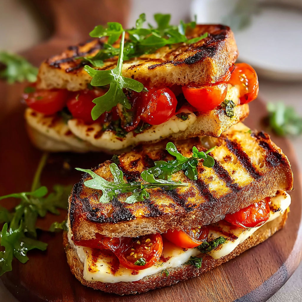 Two grilled halloumi sandwiches with tomatoes on a wooden table.