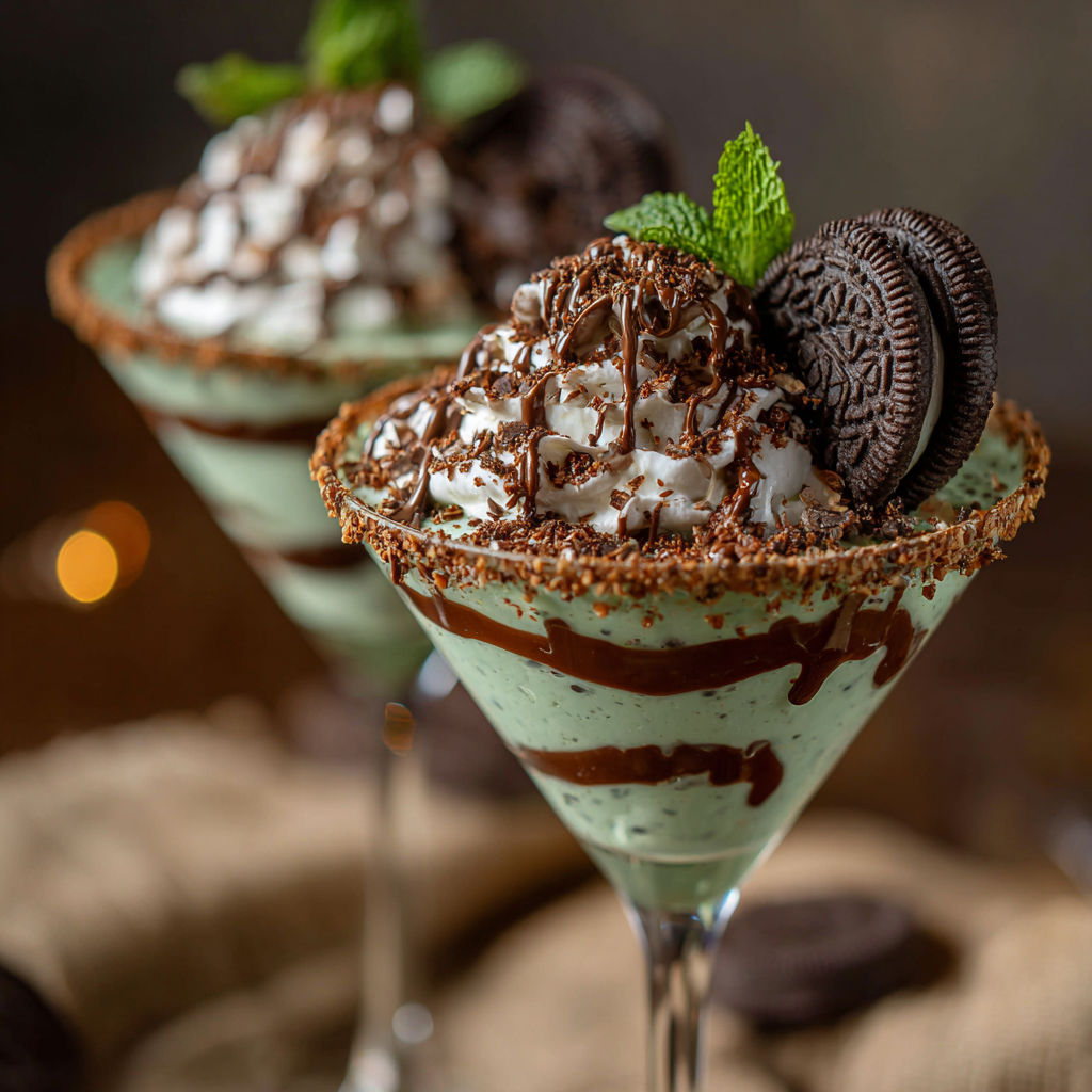 Two glasses of chocolate and mint milkshakes.