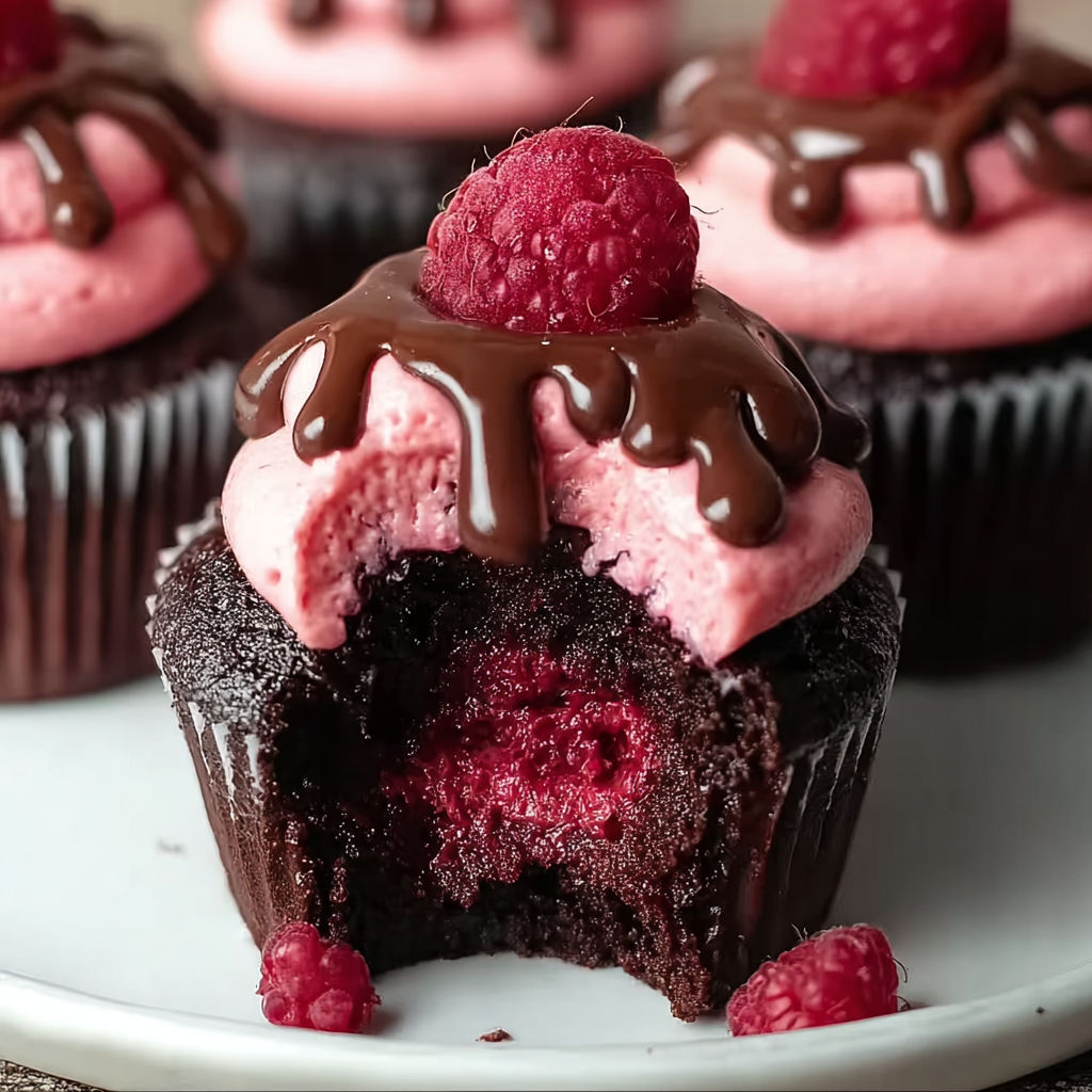 A chocolate cupcake with a raspberry on top.