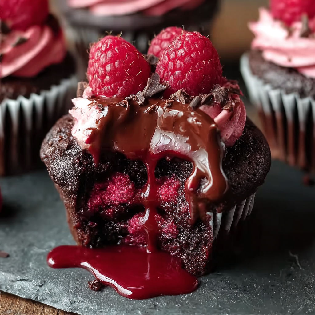 A chocolate cupcake with raspberries on top.