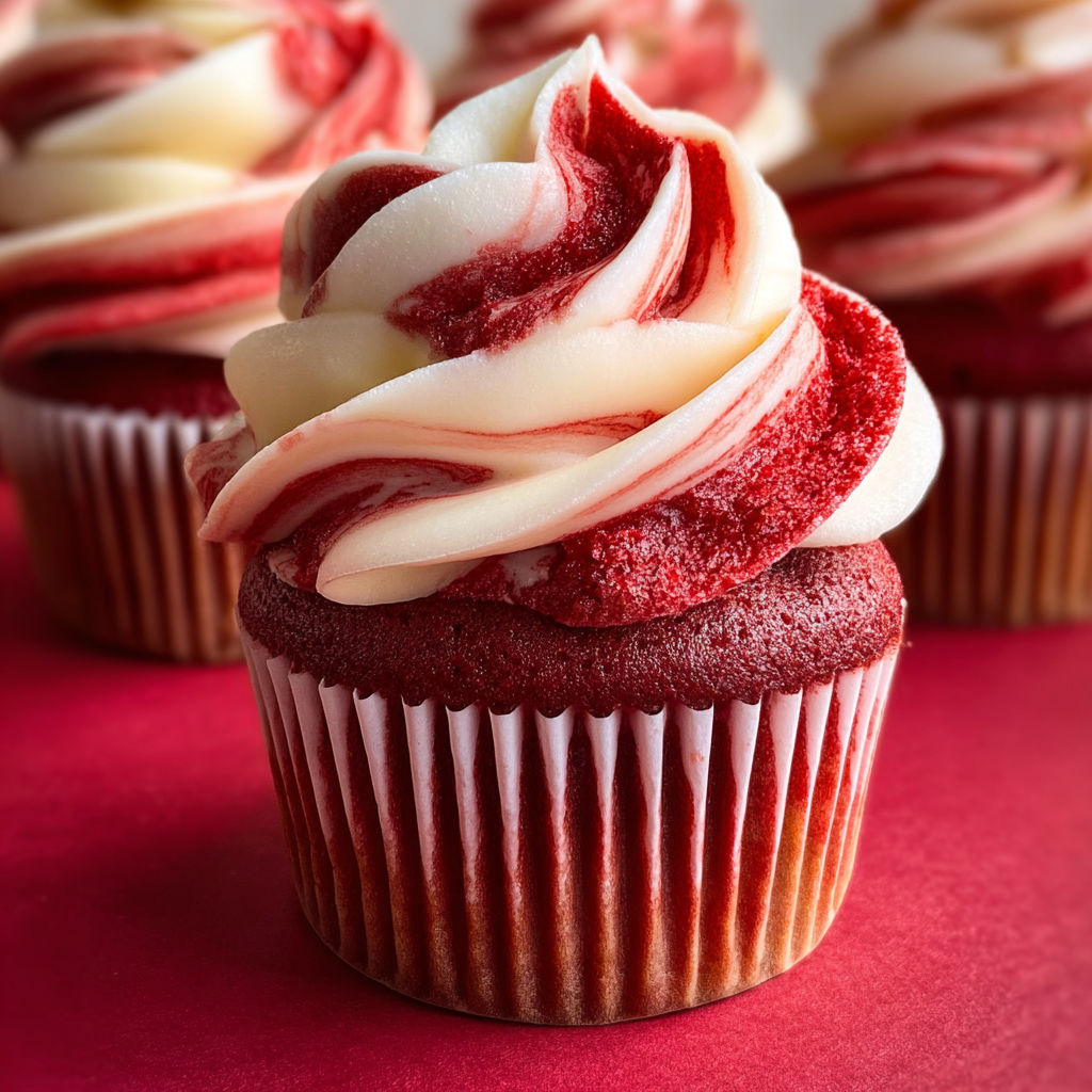A red velvet marble cupcake with white frosting.