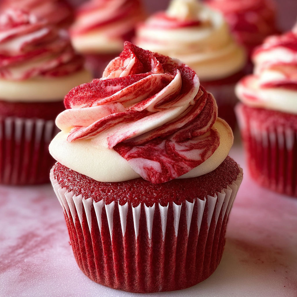 A red cupcake with white frosting and red stripes.