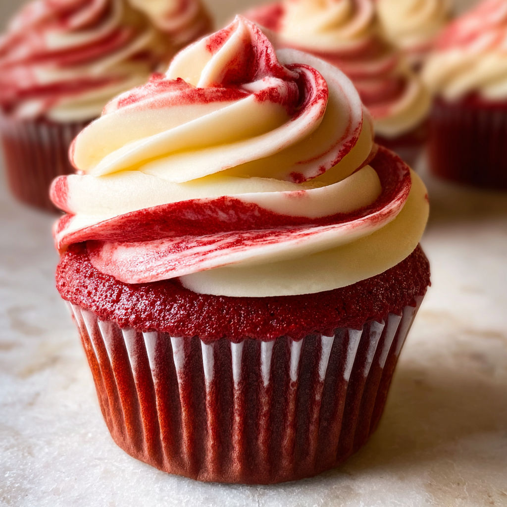 A red velvet cupcake with white frosting.