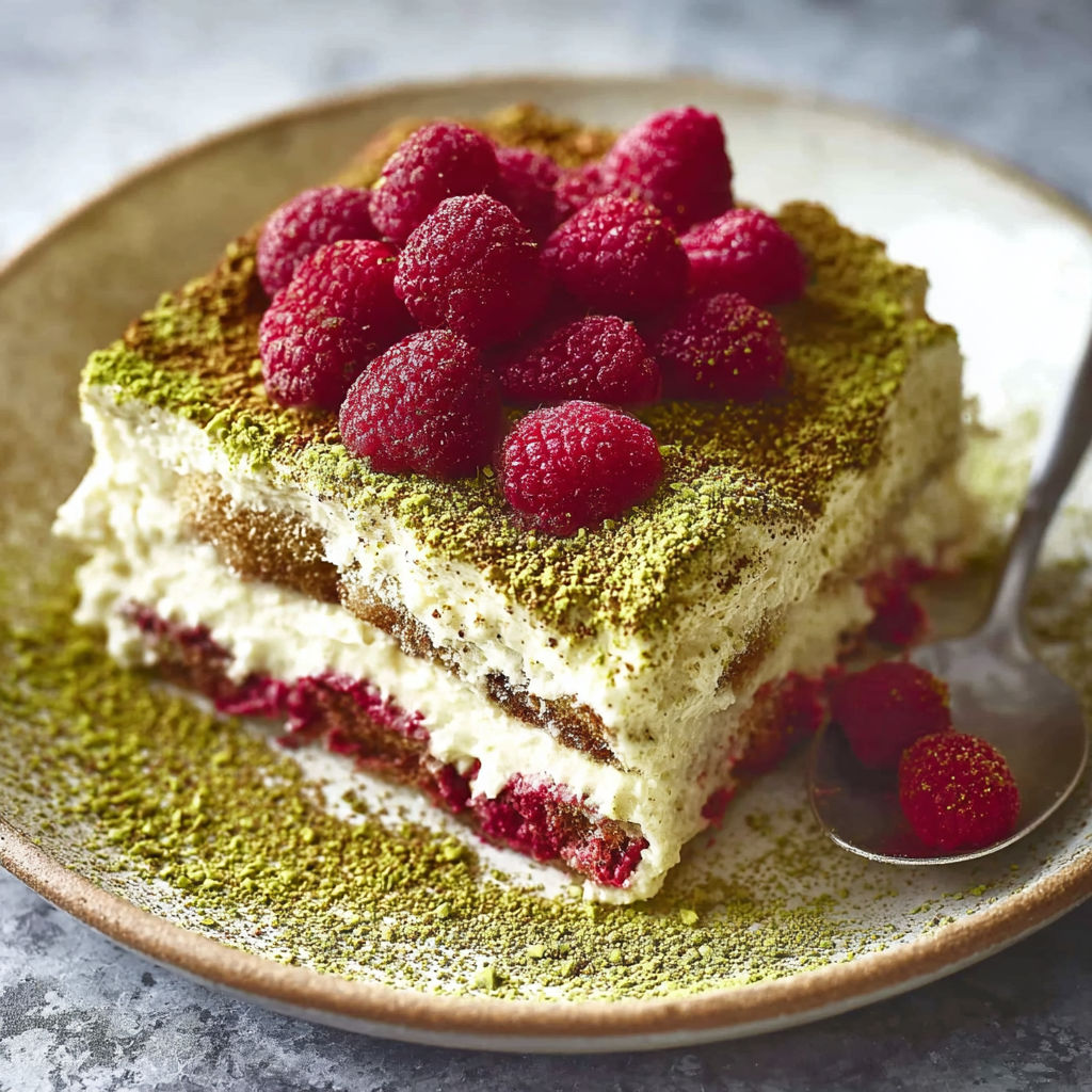 A slice of white chocolate, raspberry and pistachio tiramisu.