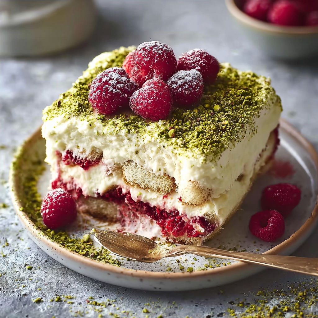 A slice of white chocolate, raspberry and pistachio tiramisu.