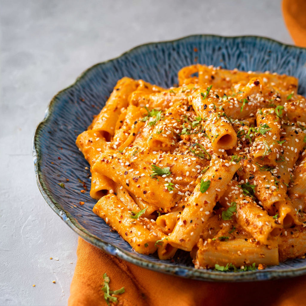 A bowl of pasta with a spoon in it.