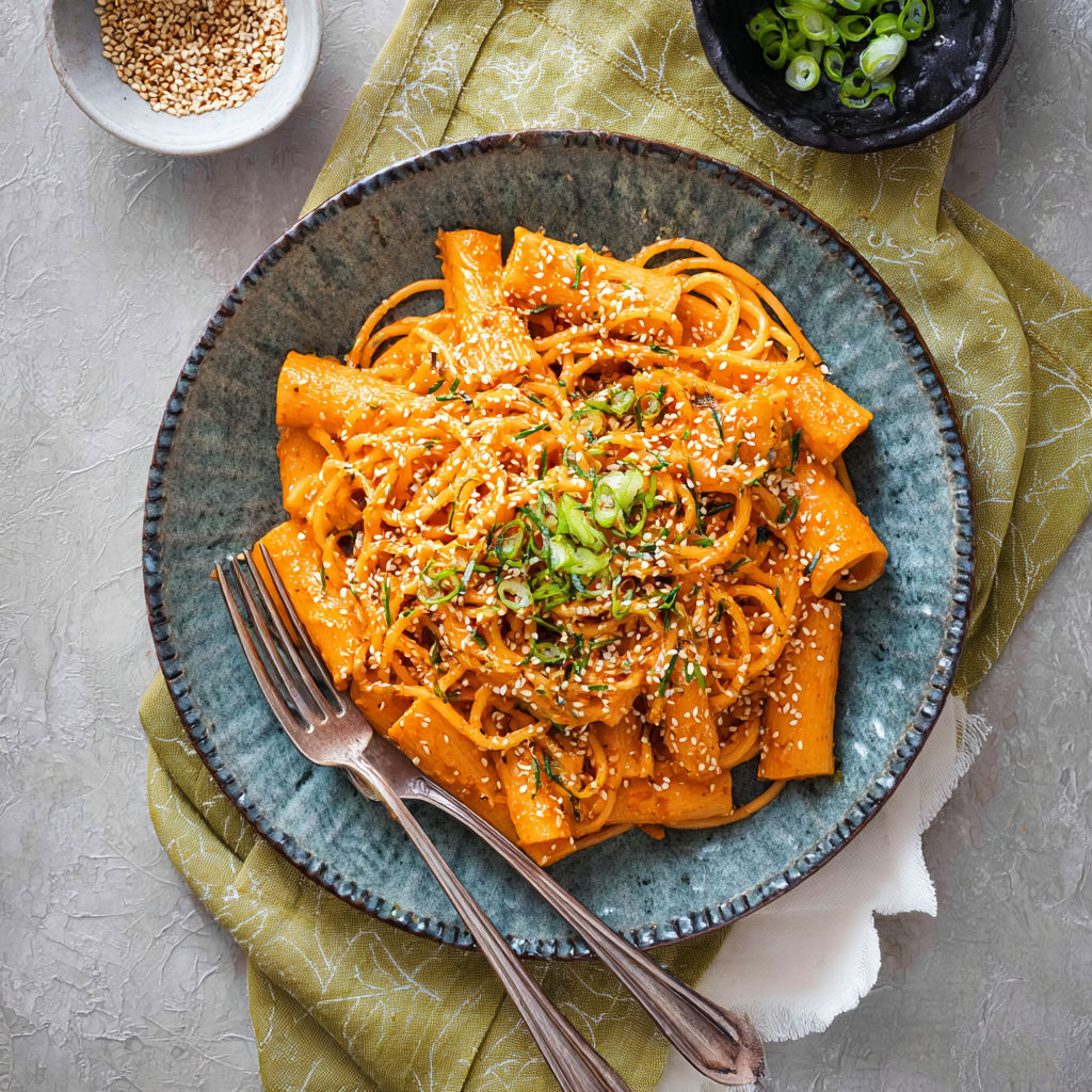A plate of pasta with gochujang sauce.