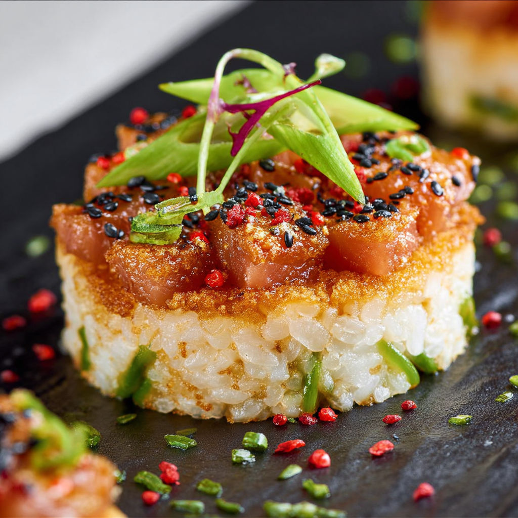 A plate of food with a spicy tuna roll on top.