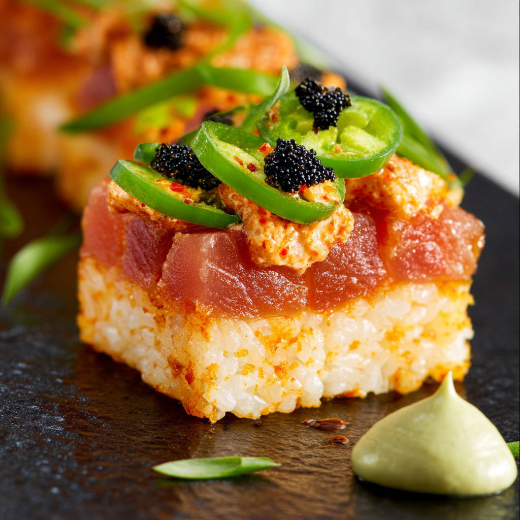 A dish of Nobu Crispy Rice Spicy Tuna.