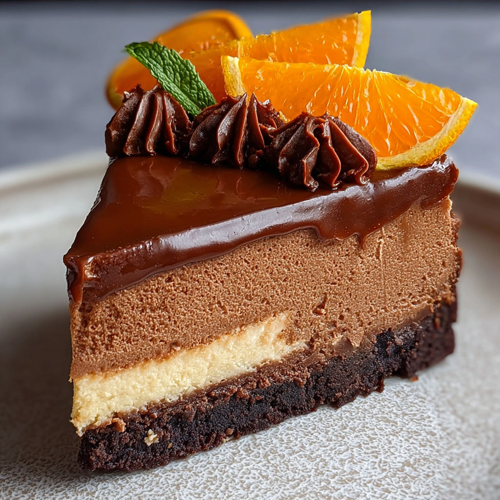 A slice of chocolate orange cheesecake.