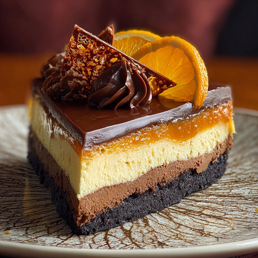 A slice of chocolate orange cheesecake.