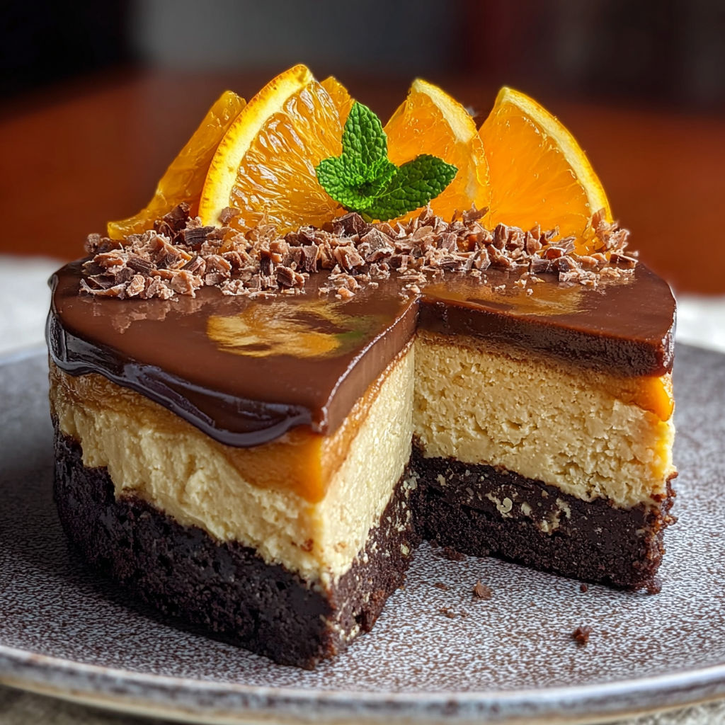 A slice of chocolate orange cheesecake.